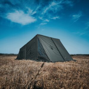 Cybertake Inflatable Tent with military-style design and TPU windows, crafted from 230g waterproof TC cotton.