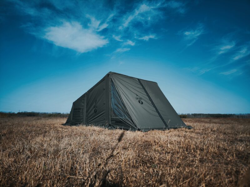 Cybertake Inflatable Tent with military-style design and TPU windows, crafted from 230g waterproof TC cotton.